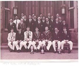Rowing team in front of Hazlerrig Hall in 1957